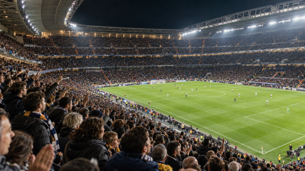 Vista de un estadio de fútbol lleno de aficionados durante un partido nocturno.
