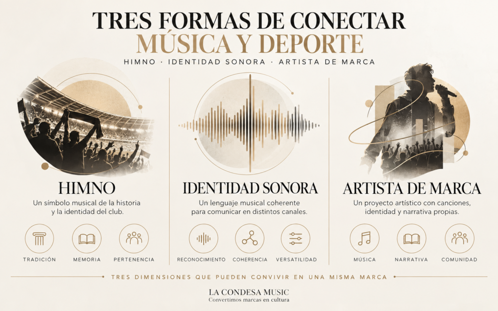 Infografía de La Condesa Music que compara el himno deportivo, la identidad sonora y el Artista de Marca, explicando sus diferencias y funciones.